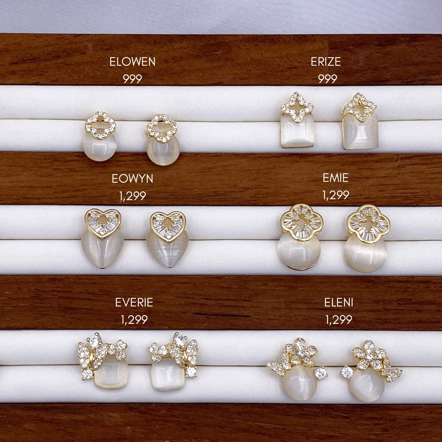 Elowen, Eowyn, Everie, Erize, Emie & Eleni Earrings in Gold