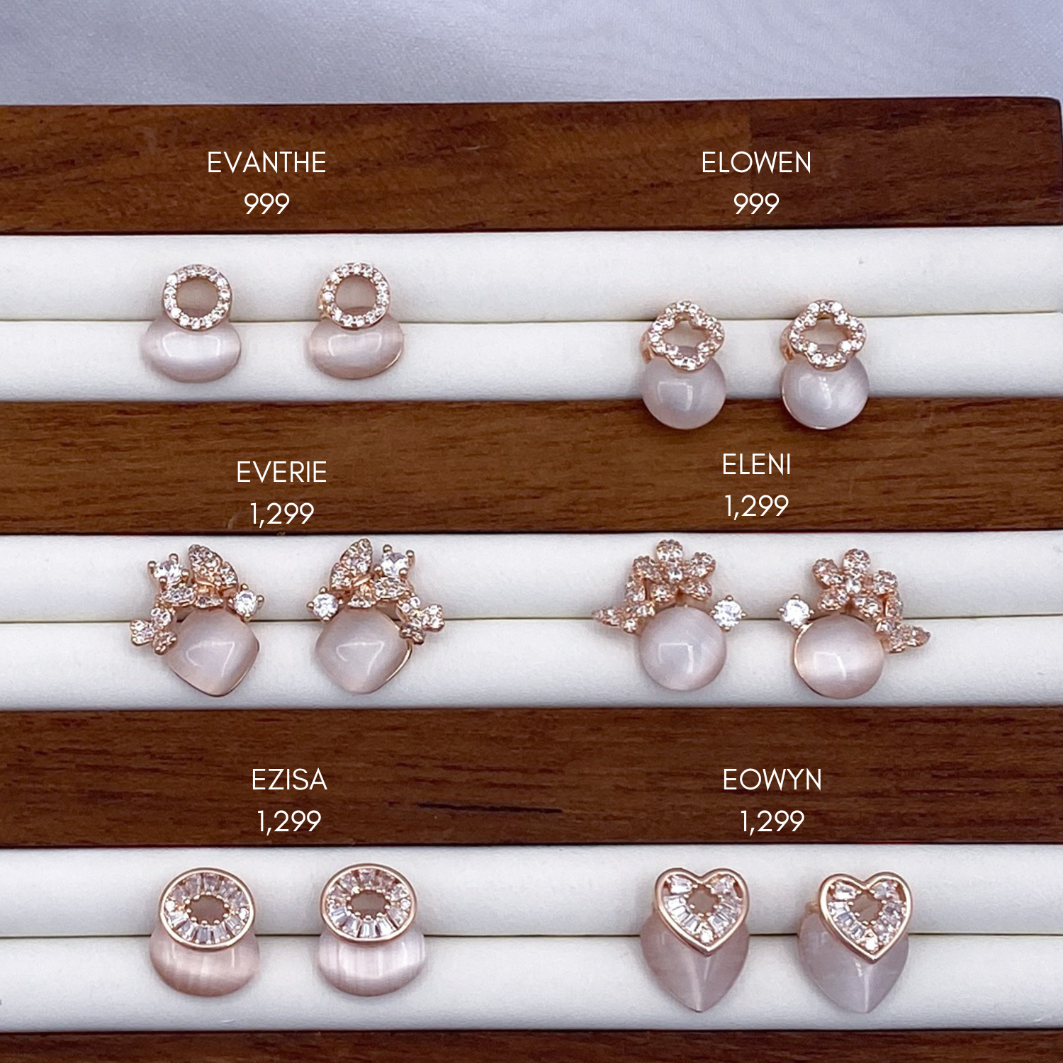 Evanthe, Everie, Ezisa, Elowen, Eleni & Eowyn Earrings in in Rose Gold