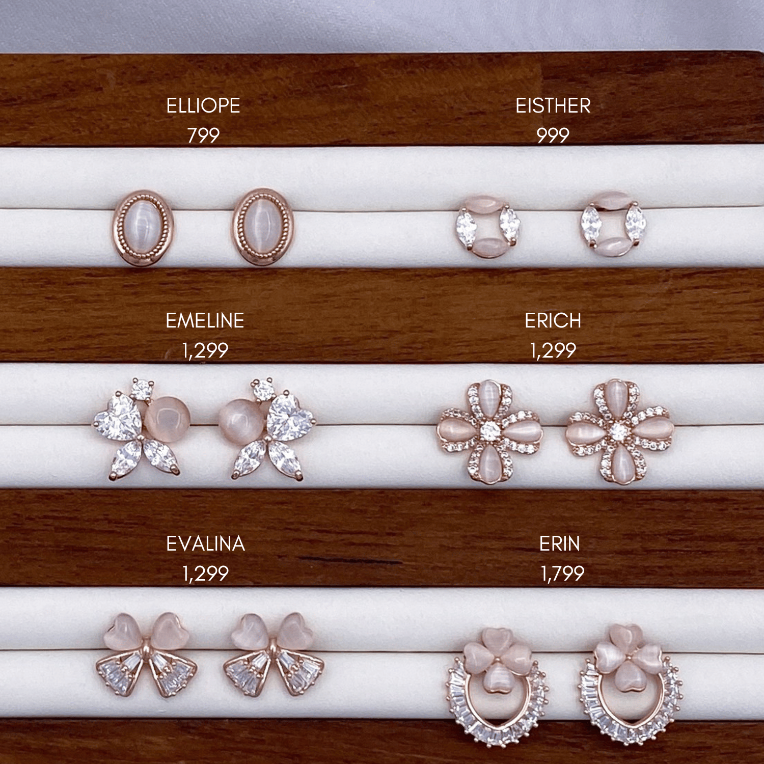 Elliope, Emeline, Evalina, Eisther, Erich & Erin Earrings in Rose Gold