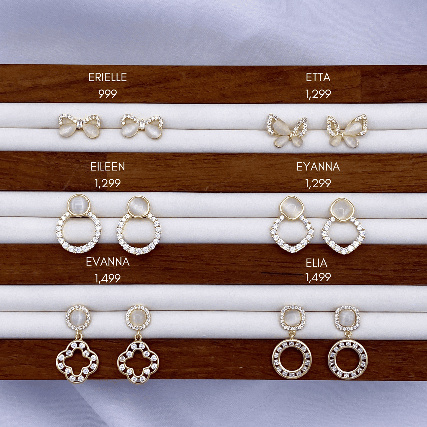 erielle, etta, eileen, eyanna, evanna & elia earrings in gold