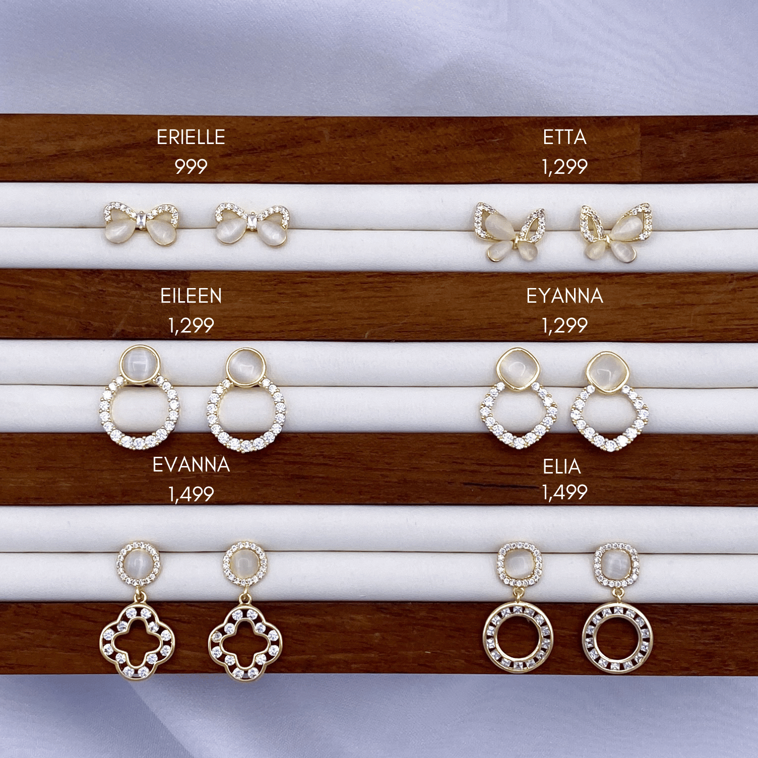 Erielle, Etta, Eileen, Eyanna, Evanna & Elia Earrings in Gold