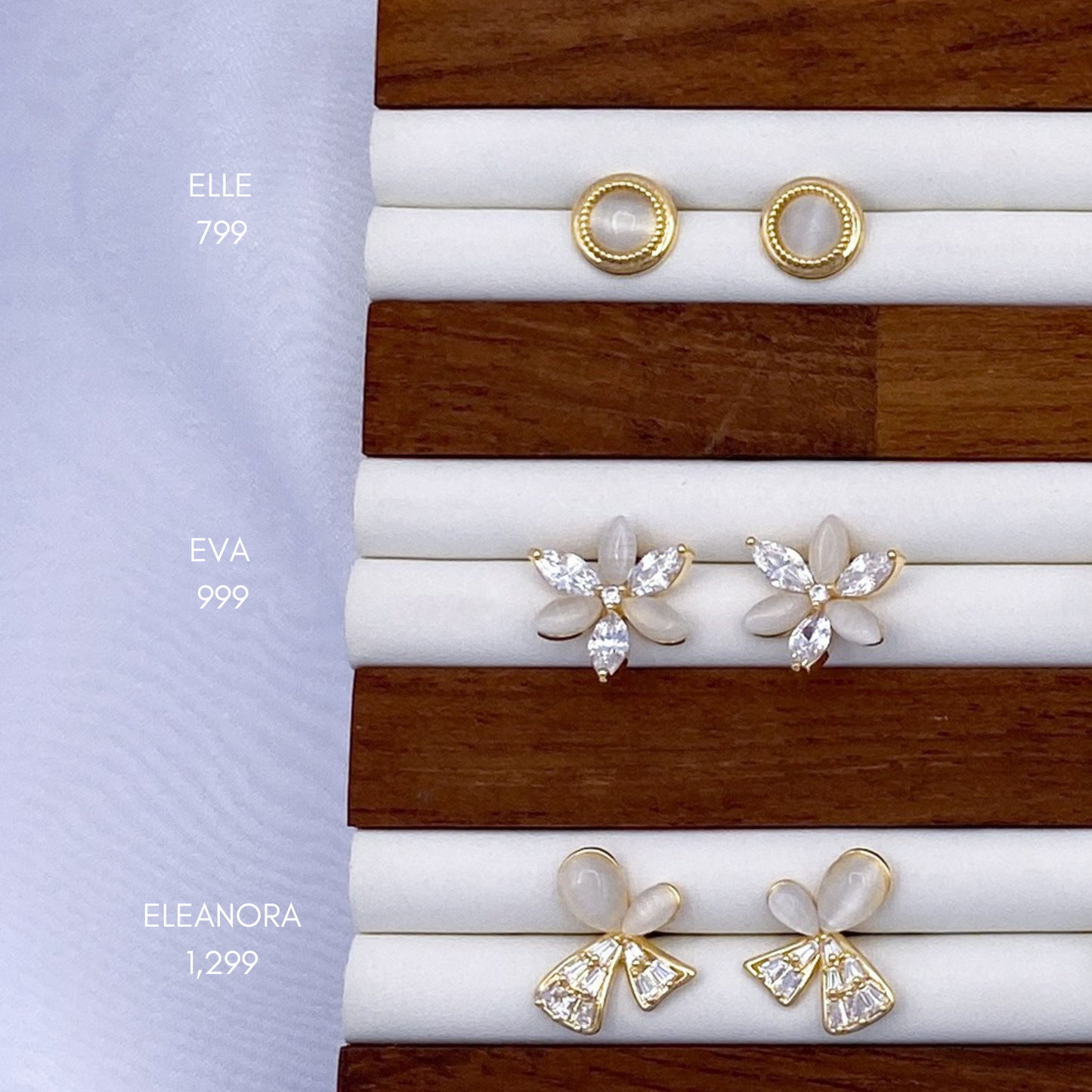 elle, eva & eleanora earrings in gold