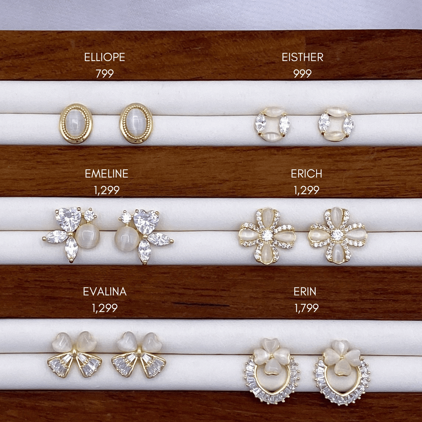 elliope, emeline, evalina, eisther, erich & erin earrings in gold