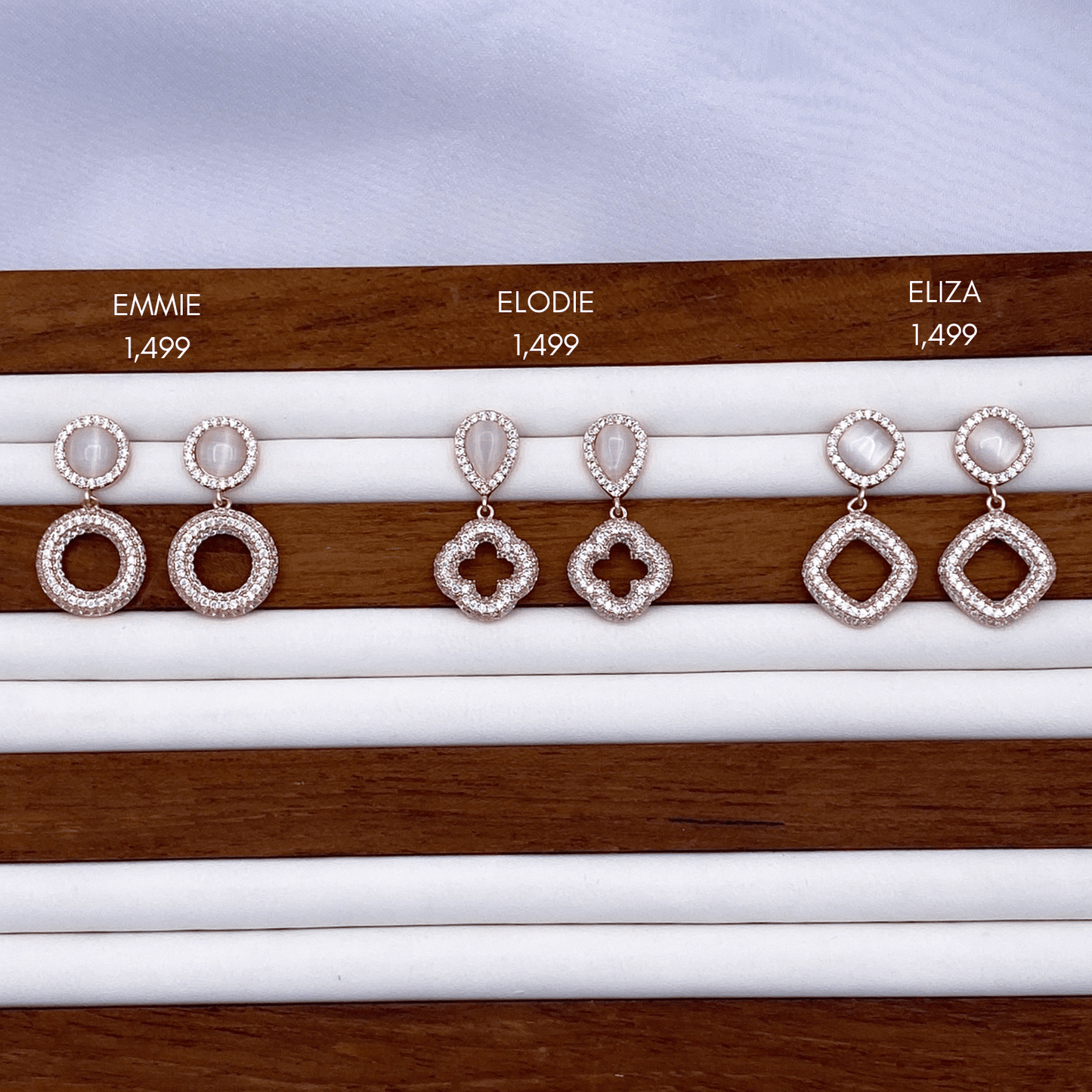 emmie, elodie & eliza earrings in rose gold