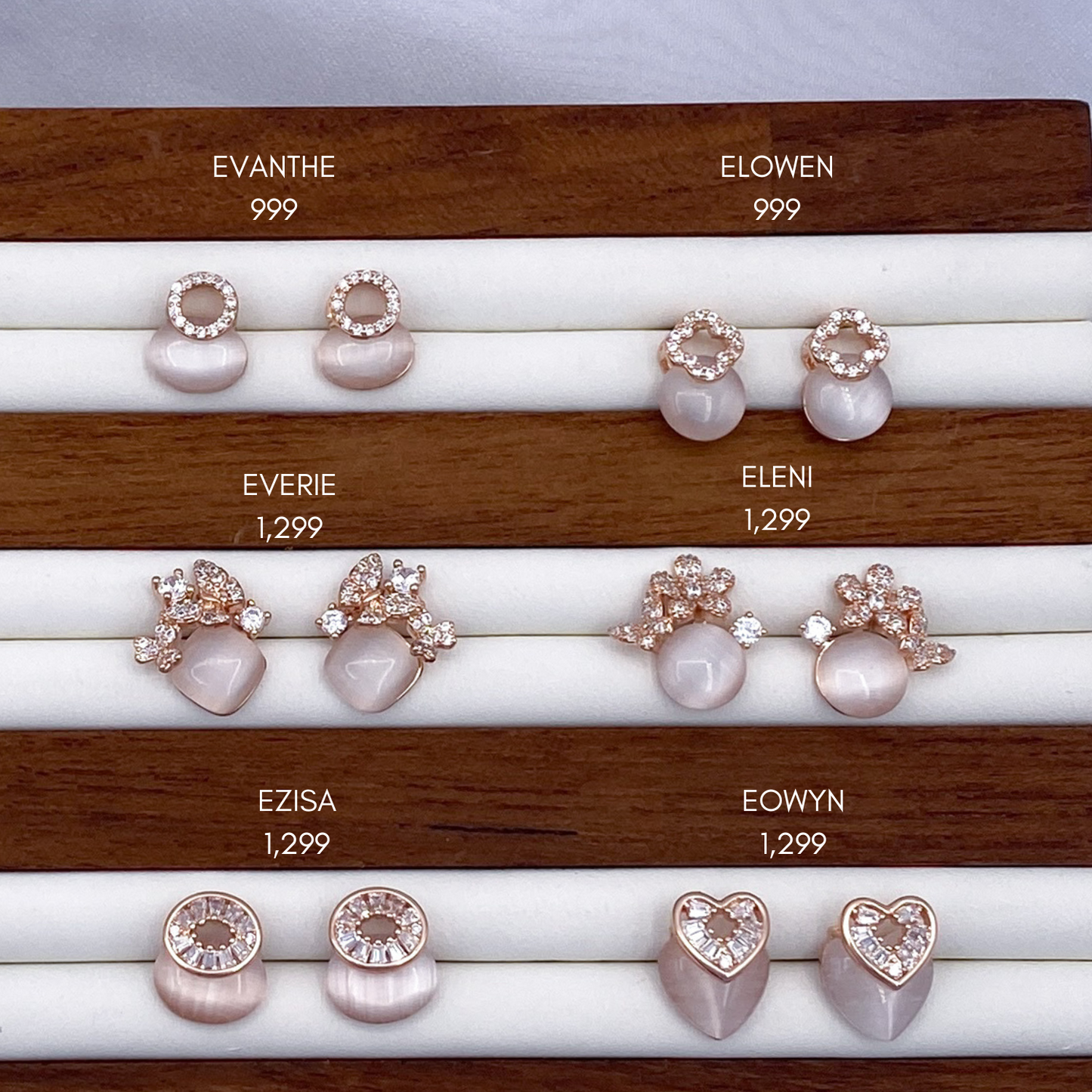 evanthe, everie, ezisa, elowen, eleni & eowyn earrings in in rose gold