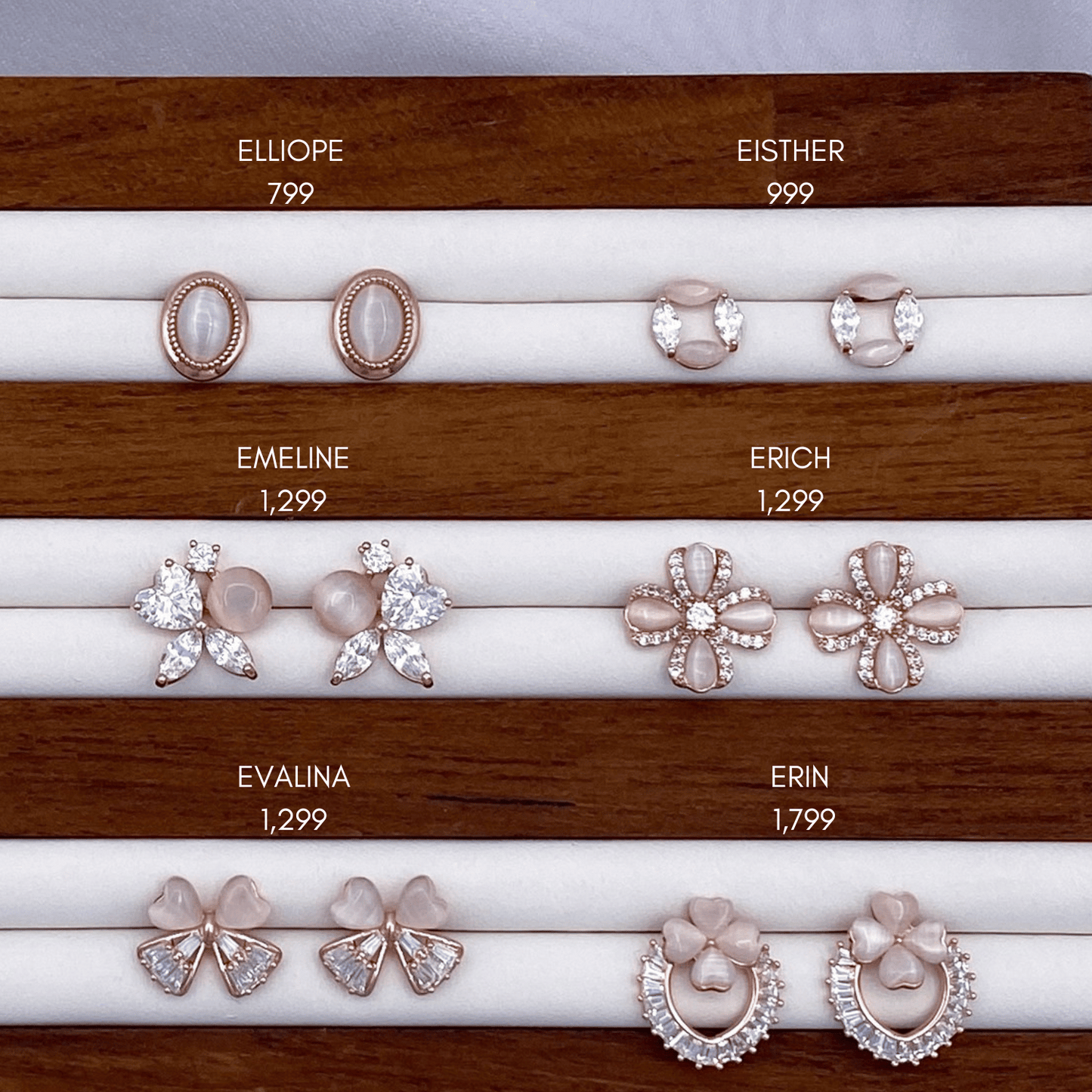 elliope, emeline, evalina, eisther, erich & erin earrings in rose gold