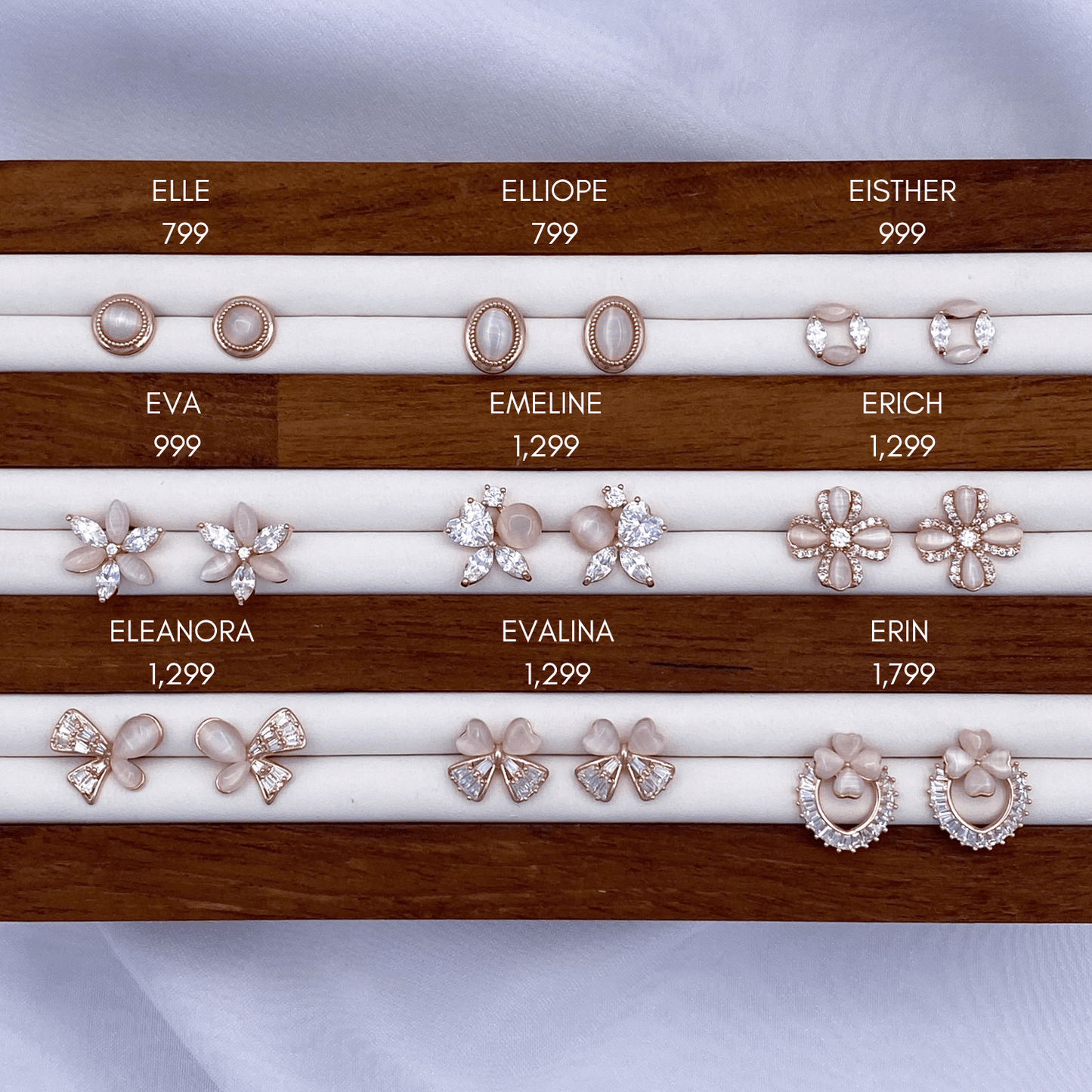 erielle, etta, eileen, eyanna, evanna & elia earrings in rose gold